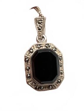 Sterling Silver Octagonal Onyx & Marcasite Ornate Necklace